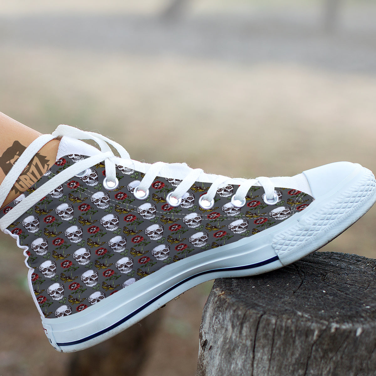 Skulls Roses Death Eyes Print Pattern White High Top Shoes-grizzshop