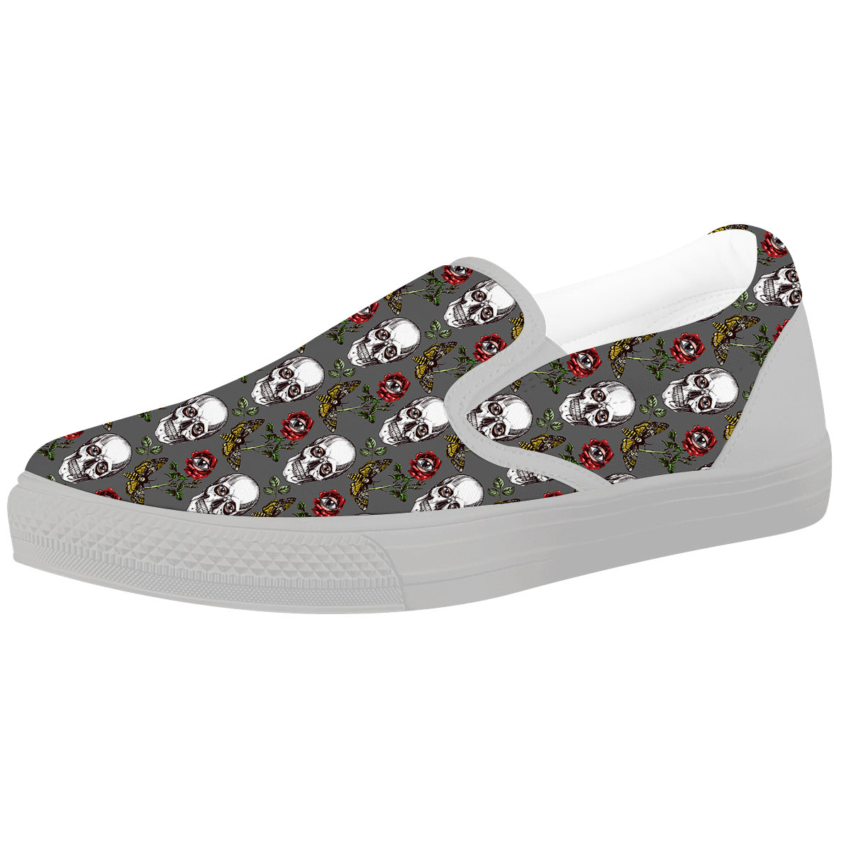 Skulls Roses Death Eyes Print Pattern White Slip On Shoes-grizzshop