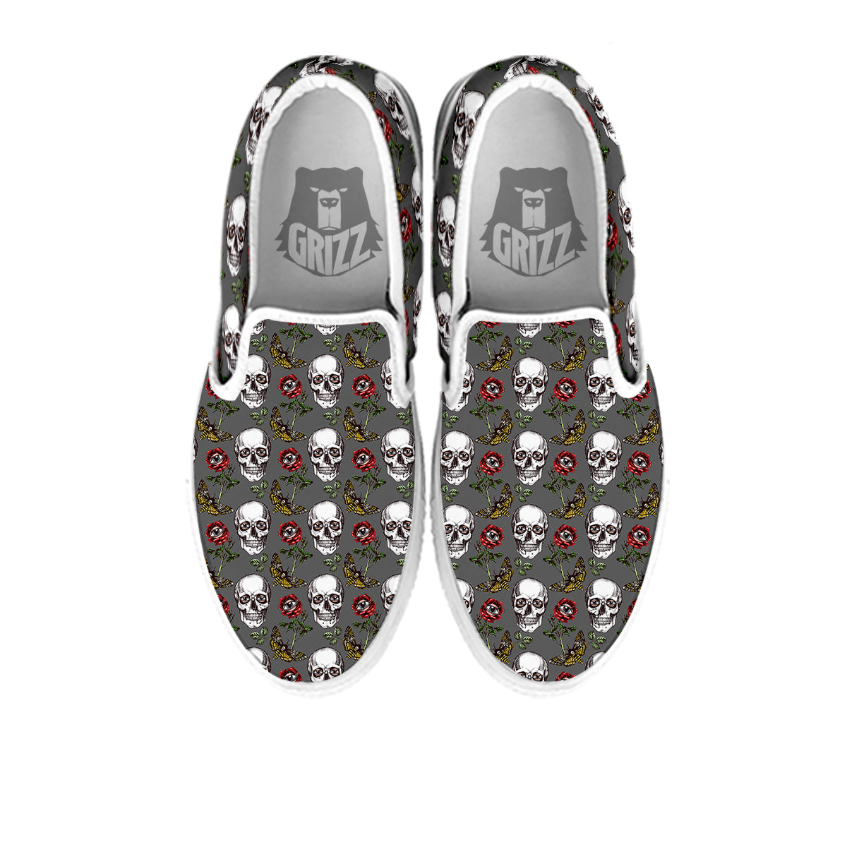 Skulls Roses Death Eyes Print Pattern White Slip On Shoes-grizzshop