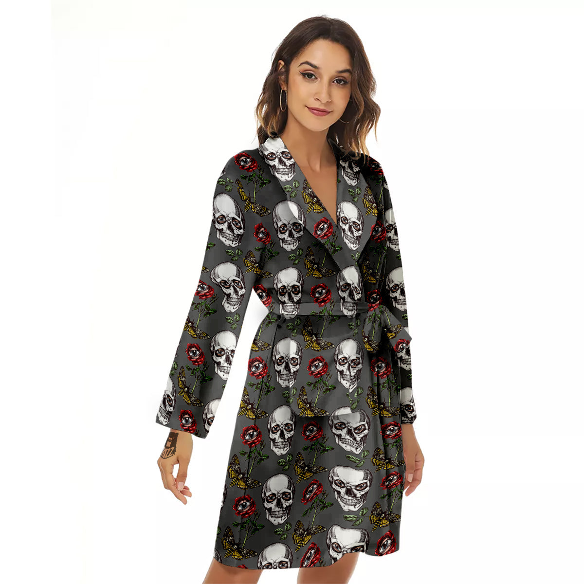 Skulls Roses Death Eyes Print Pattern Women's Robe-grizzshop