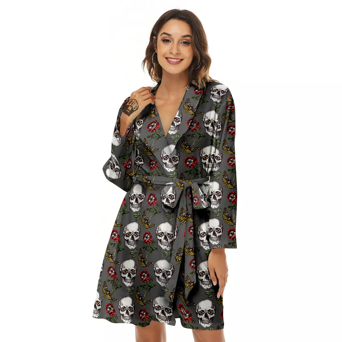 Skulls Roses Death Eyes Print Pattern Women's Robe-grizzshop