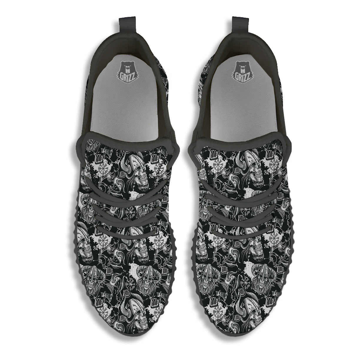 Skulls in Viking Helmets Print Pattern Black Walking Shoes-grizzshop