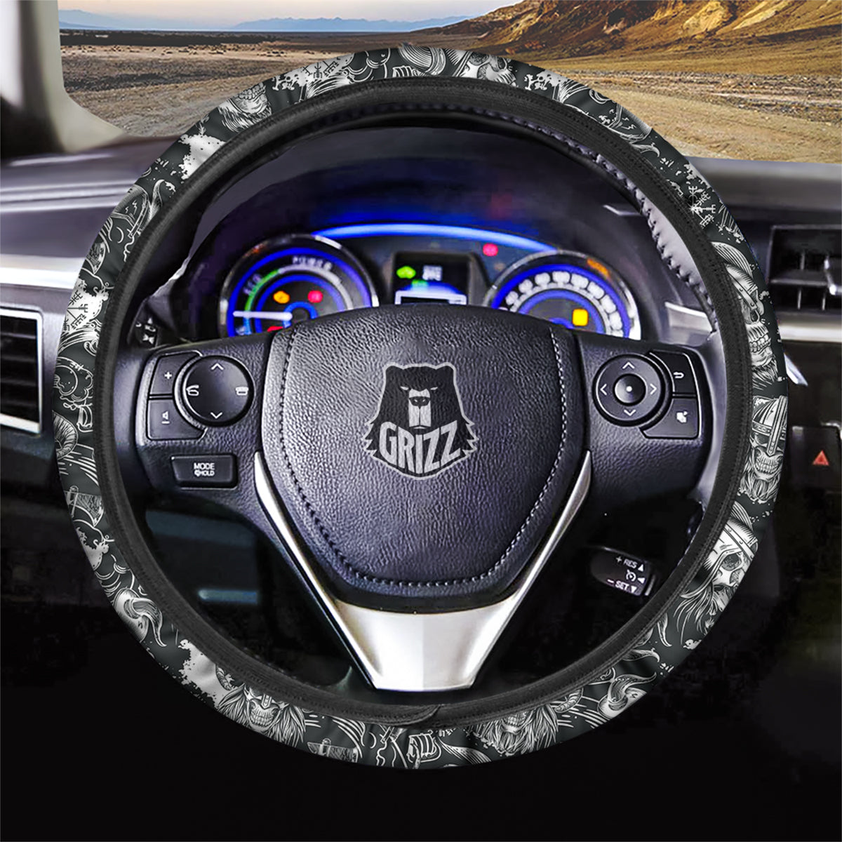 Skulls in Viking Helmets Print Pattern Car Steering Wheel Cover-grizzshop