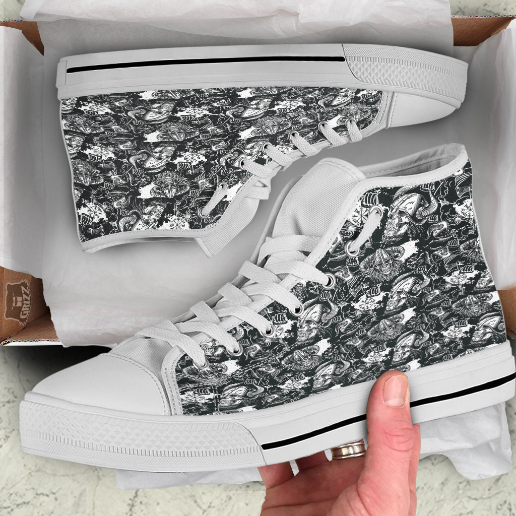 Skulls in Viking Helmets Print Pattern White High Top Shoes-grizzshop