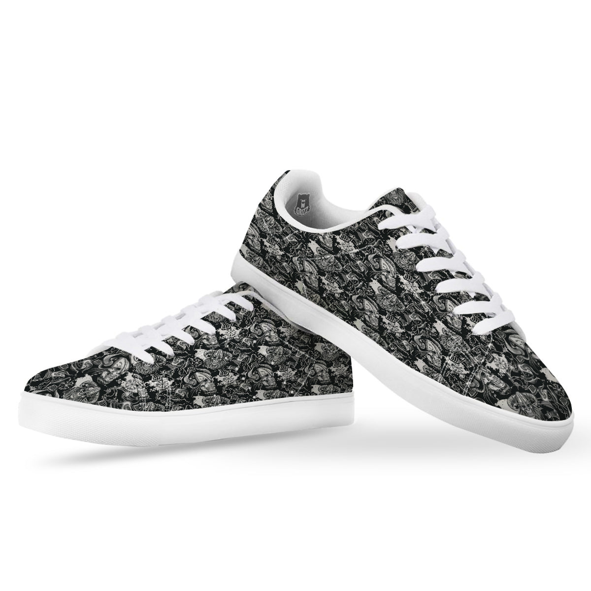Skulls in Viking Helmets Print Pattern White Low Top Sneakers-grizzshop