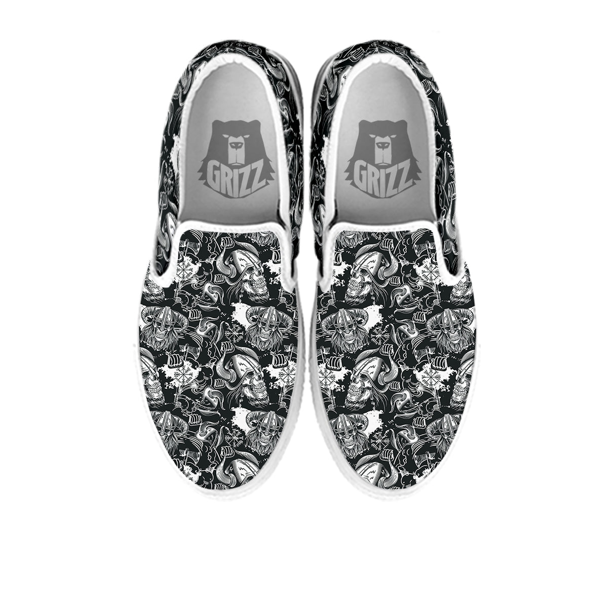 Skulls in Viking Helmets Print Pattern White Slip On Shoes-grizzshop
