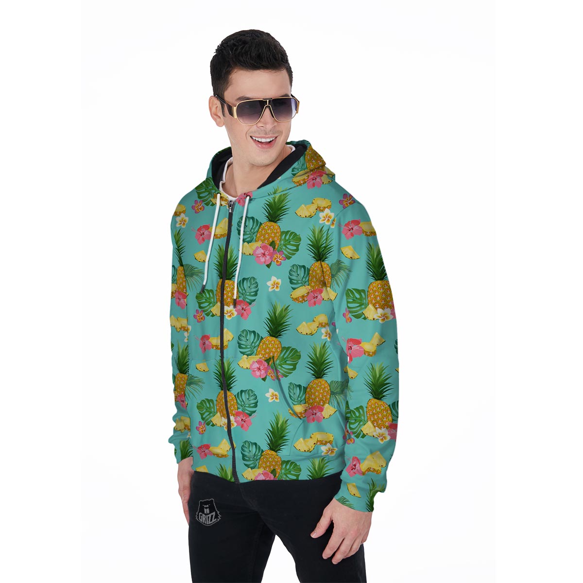 Slice Tropical Pineapple Print Men's Zip Up Hoodie-grizzshop