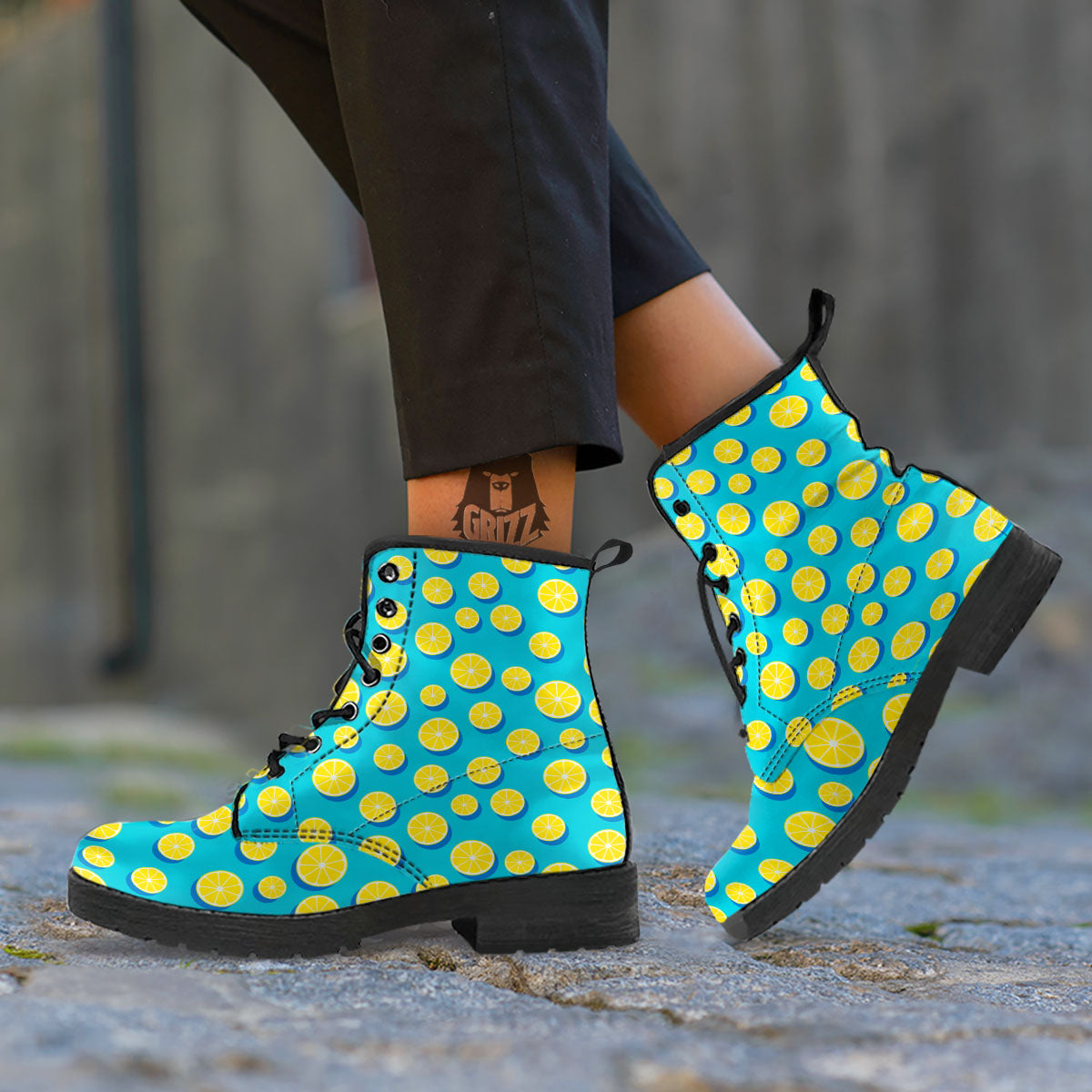 Slices Lemon Print Pattern Leather Boots-grizzshop