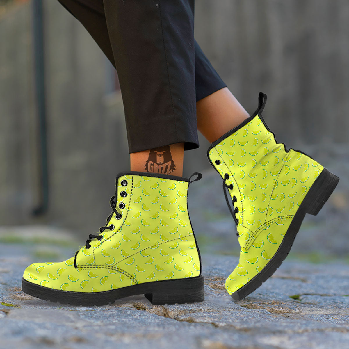 Slices Lime Green Print Pattern Leather Boots-grizzshop