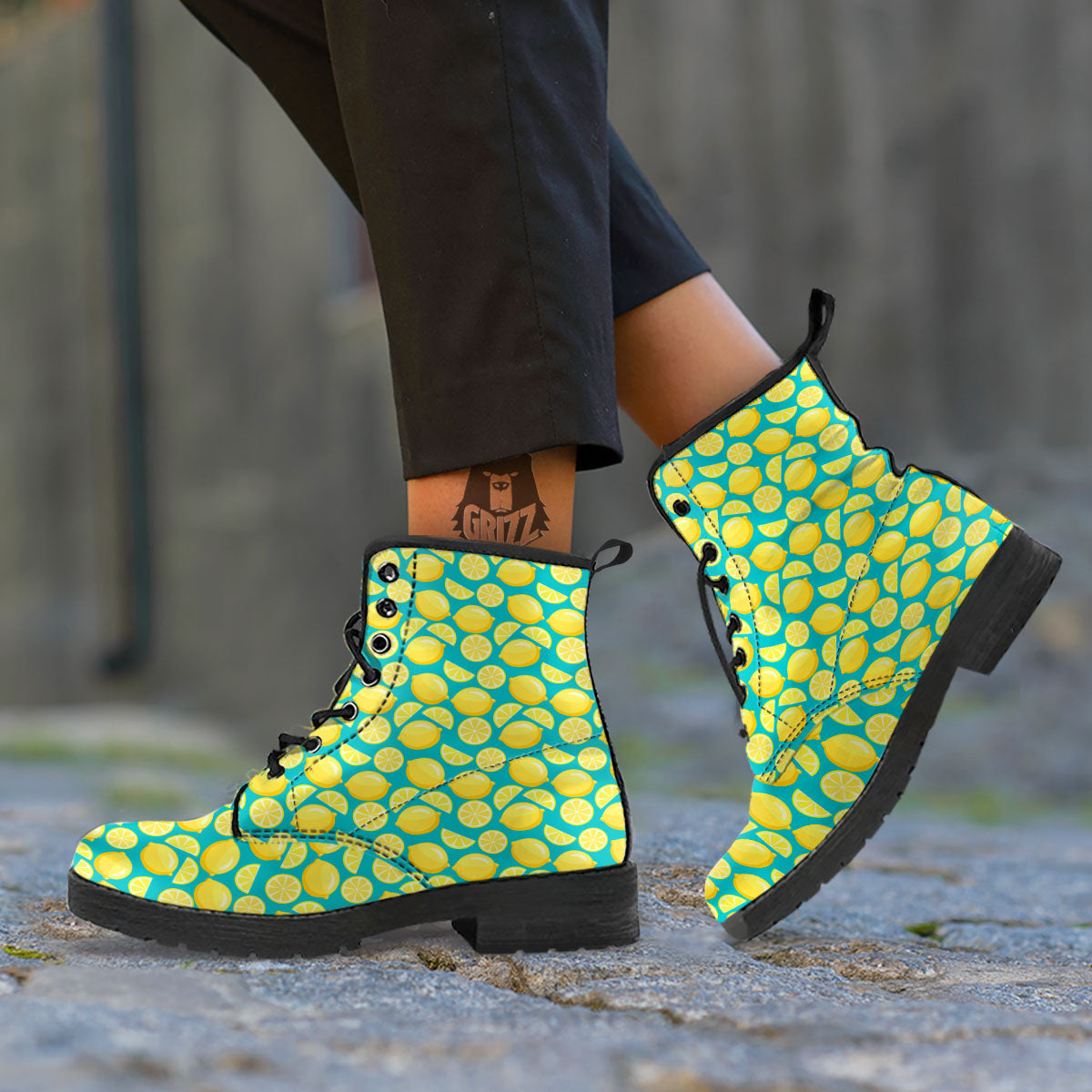 Slices Lime Print Pattern Leather Boots-grizzshop