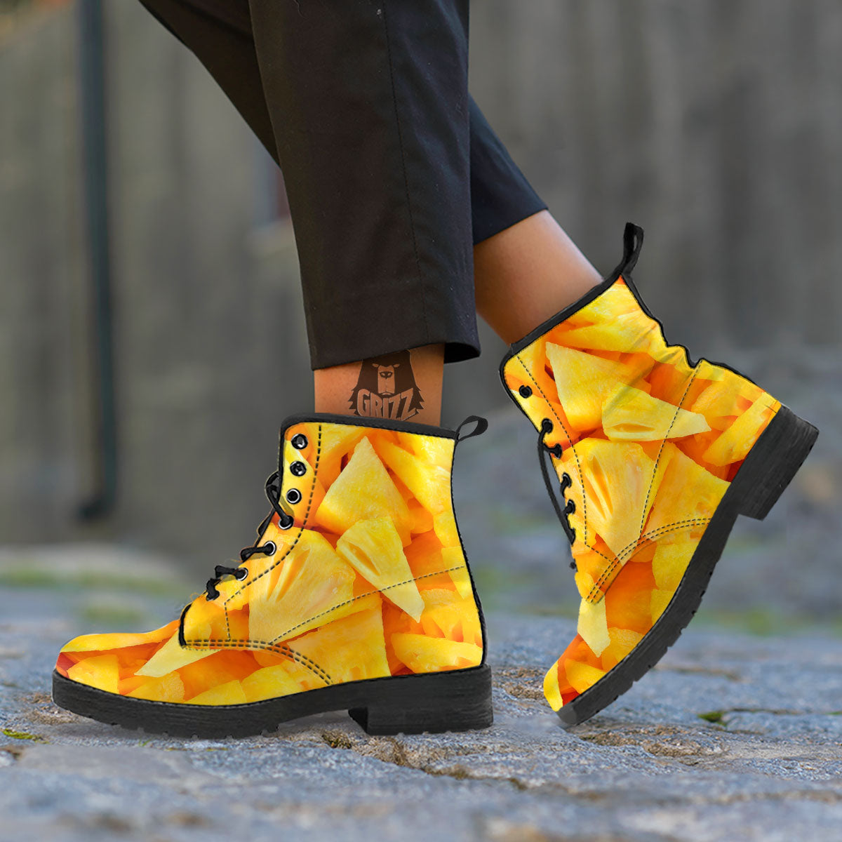 Slices Pineapple Print Leather Boots-grizzshop