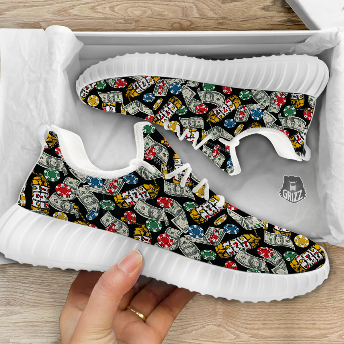 Slot Machines Casino Print Pattern White Walking Shoes-grizzshop
