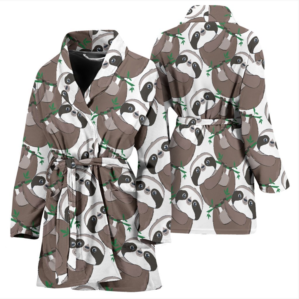 Sloth Bamboo Pattern Print Women Long Robe-grizzshop