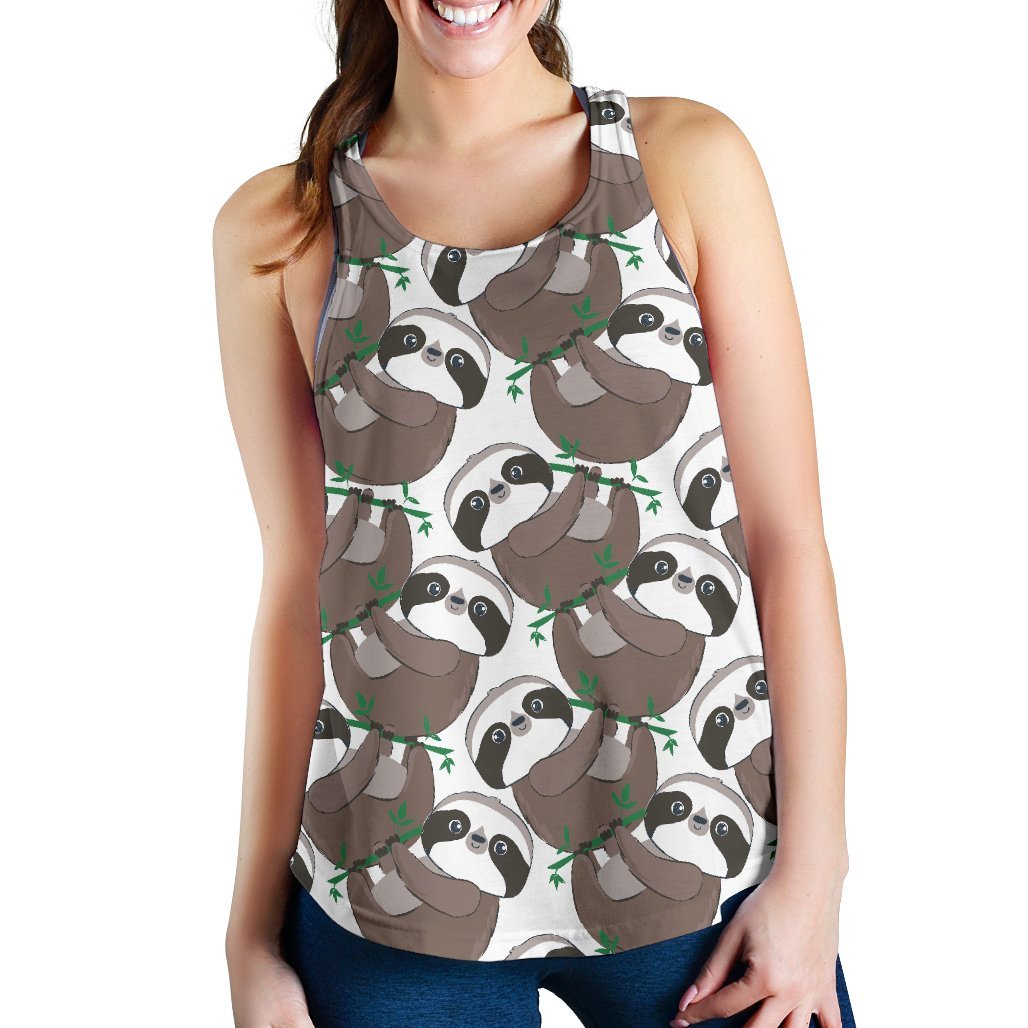 Sloth Bamboo Pattern Print Women's Racerback Tank Tops-grizzshop