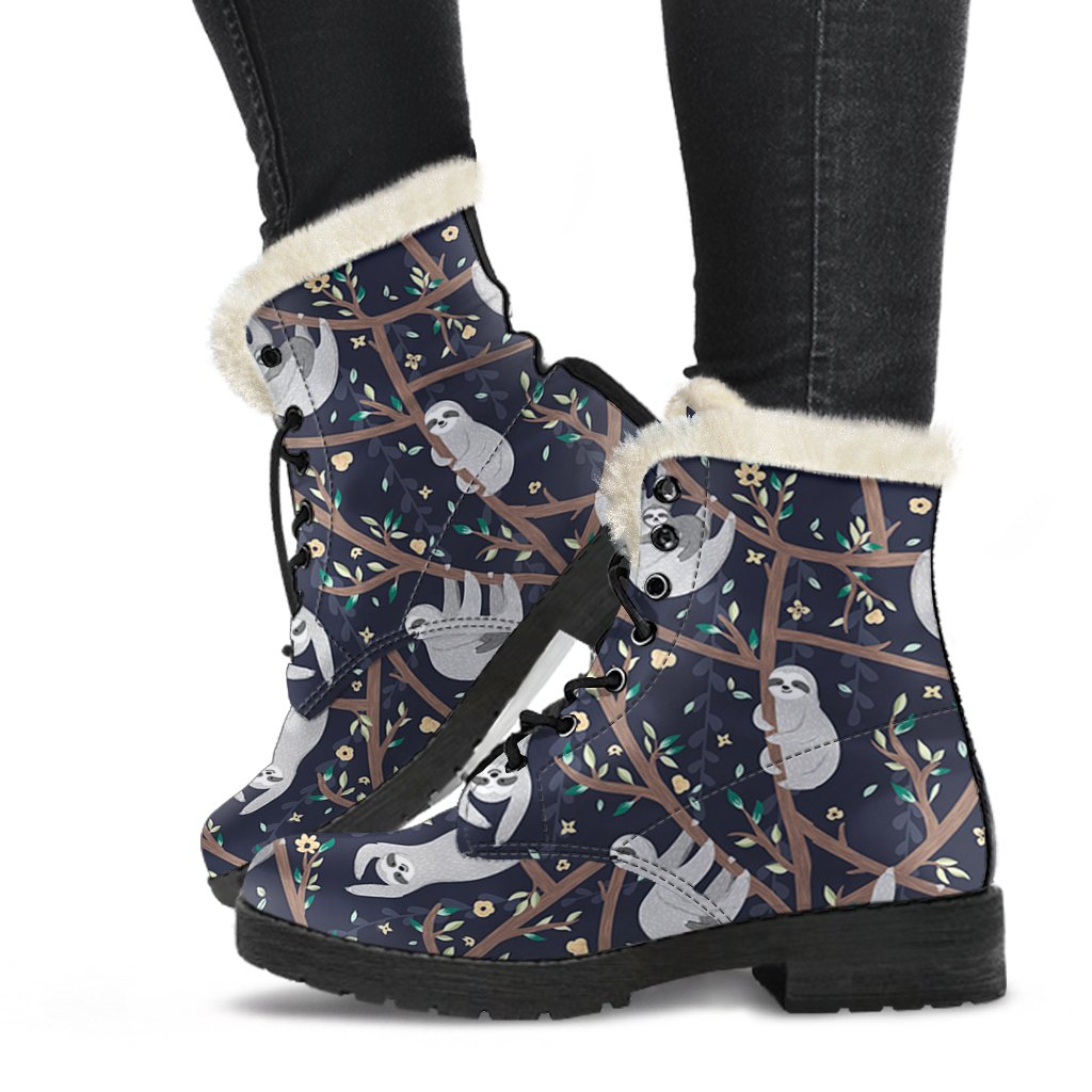 Sloth Floral Pattern Print Comfy Winter Boots-grizzshop