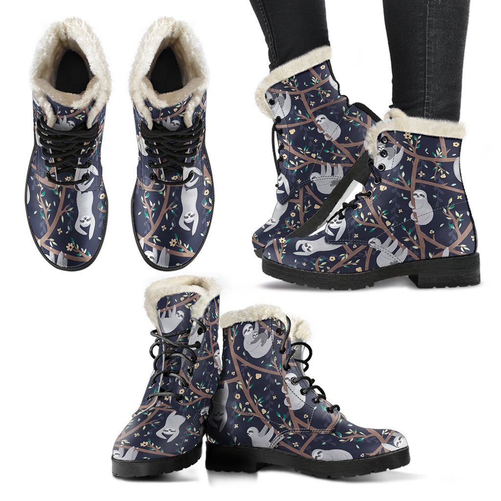 Sloth Floral Pattern Print Comfy Winter Boots-grizzshop