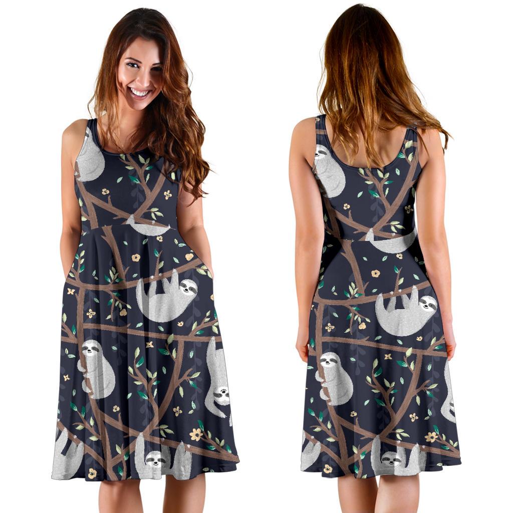 Sloth Floral Pattern Print Dress-grizzshop