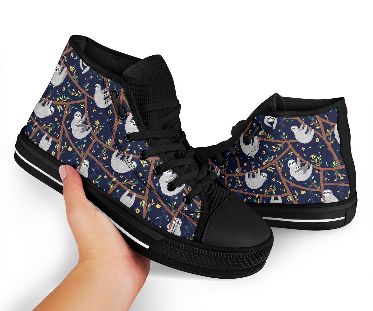 Sloth Floral Pattern Print Men Women's High Top Shoes-grizzshop