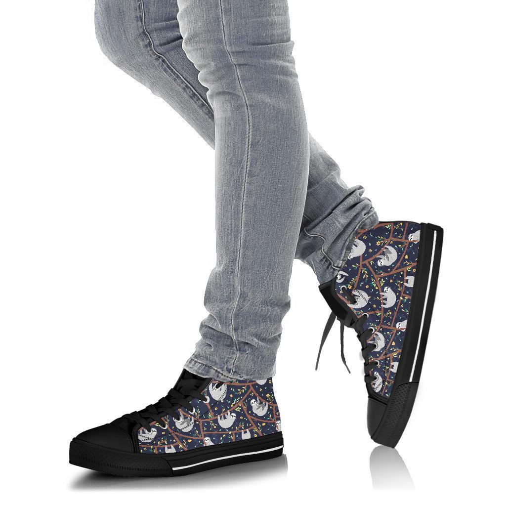 Sloth Floral Pattern Print Men Women's High Top Shoes-grizzshop
