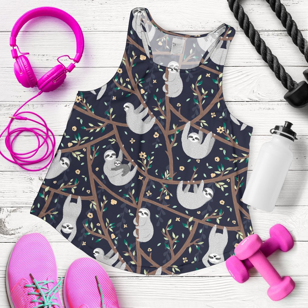 Sloth Floral Pattern Print Women's Racerback Tank Tops-grizzshop