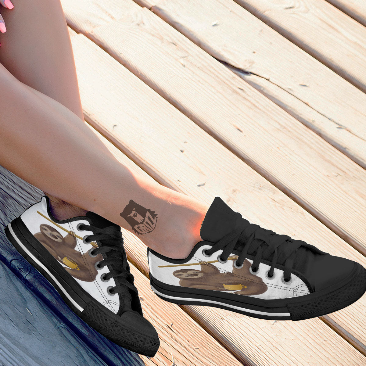 Sloth Happy Print Black Low Top Shoes-grizzshop