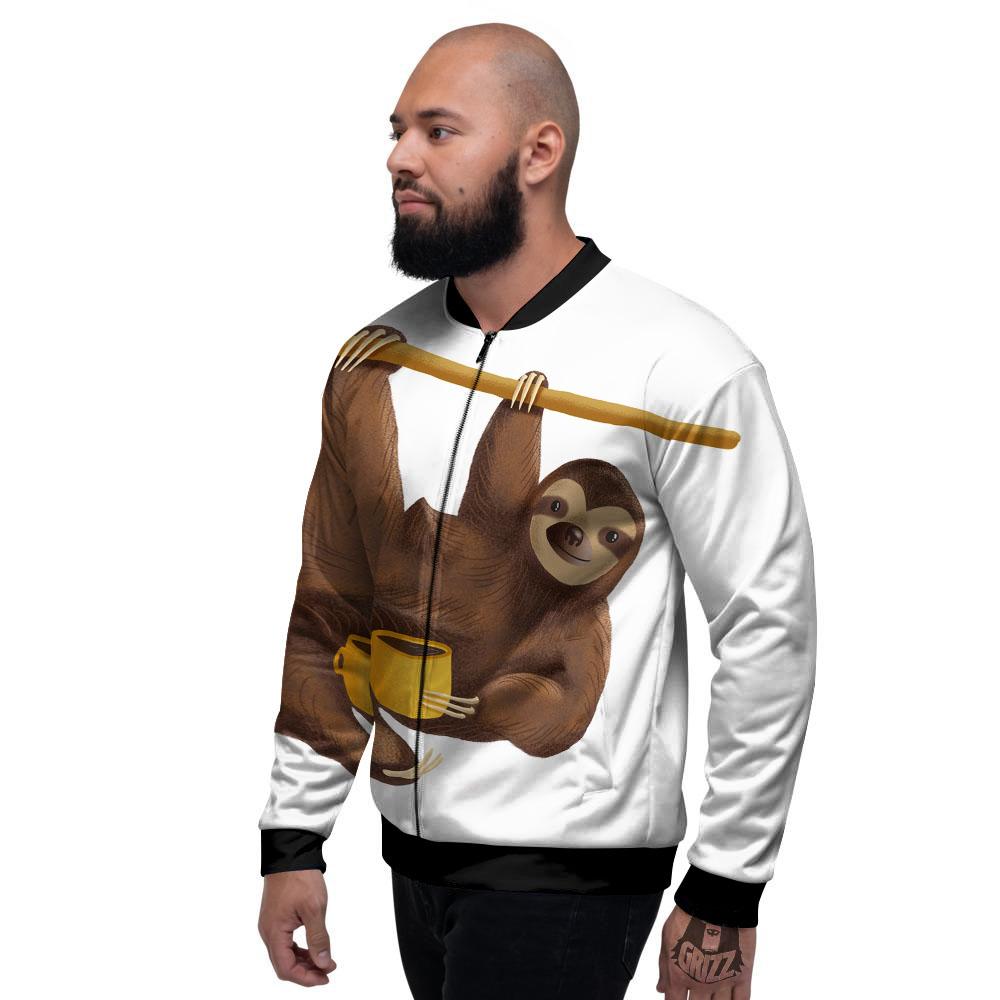 Sloth Happy Print Men's Bomber Jacket-grizzshop