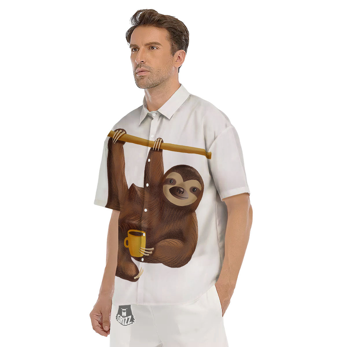 Sloth Happy Print Men's Short Sleeve Shirts-grizzshop