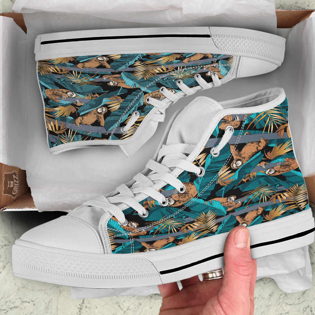 Sloth Tropical Print Pattern White High Top Shoes-grizzshop