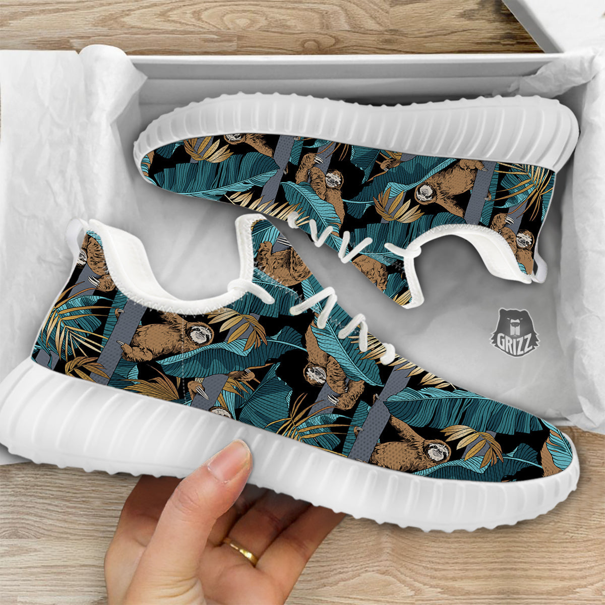 Sloth Tropical Print Pattern White Walking Shoes-grizzshop