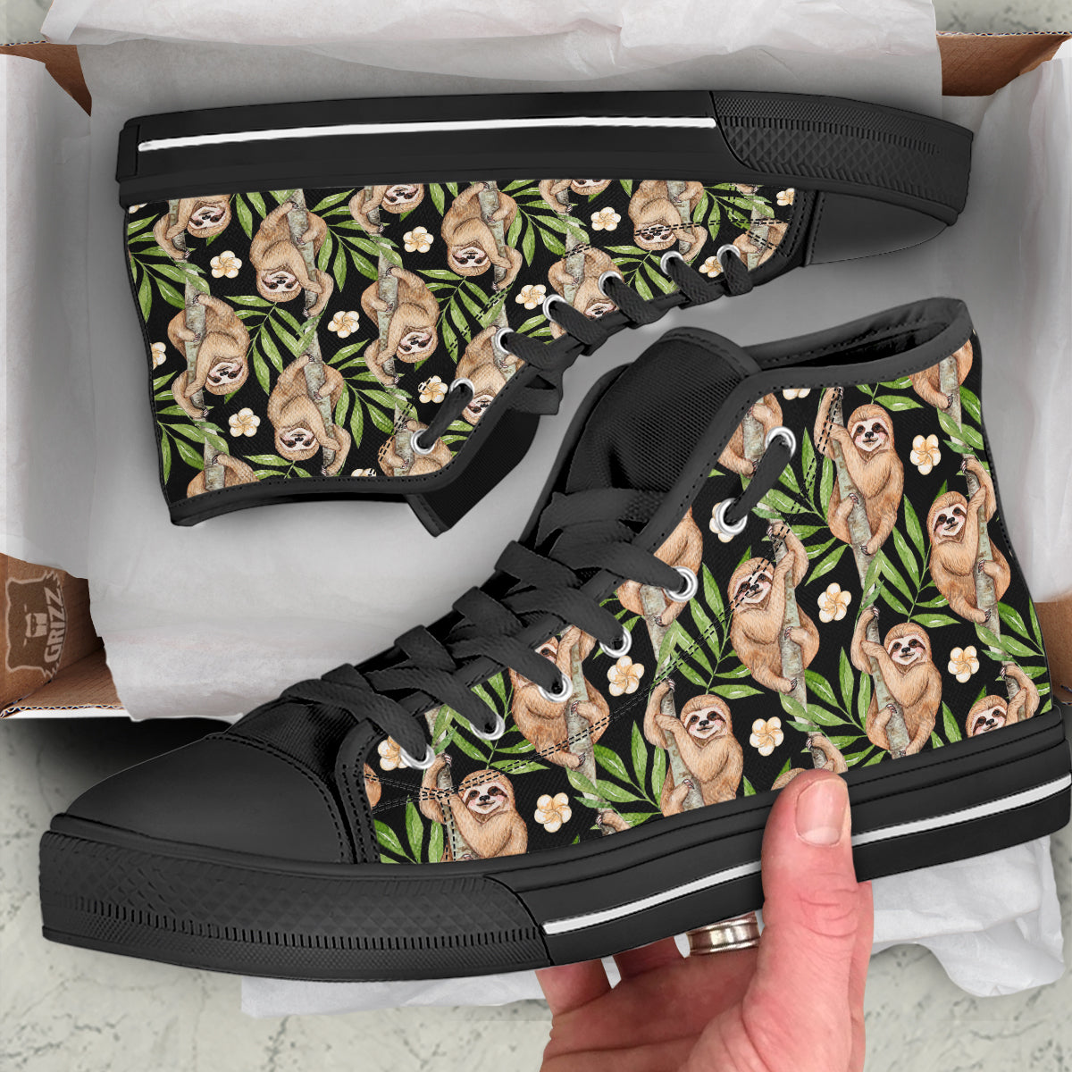 Sloth Watercolor Print Pattern Black High Top Shoes-grizzshop