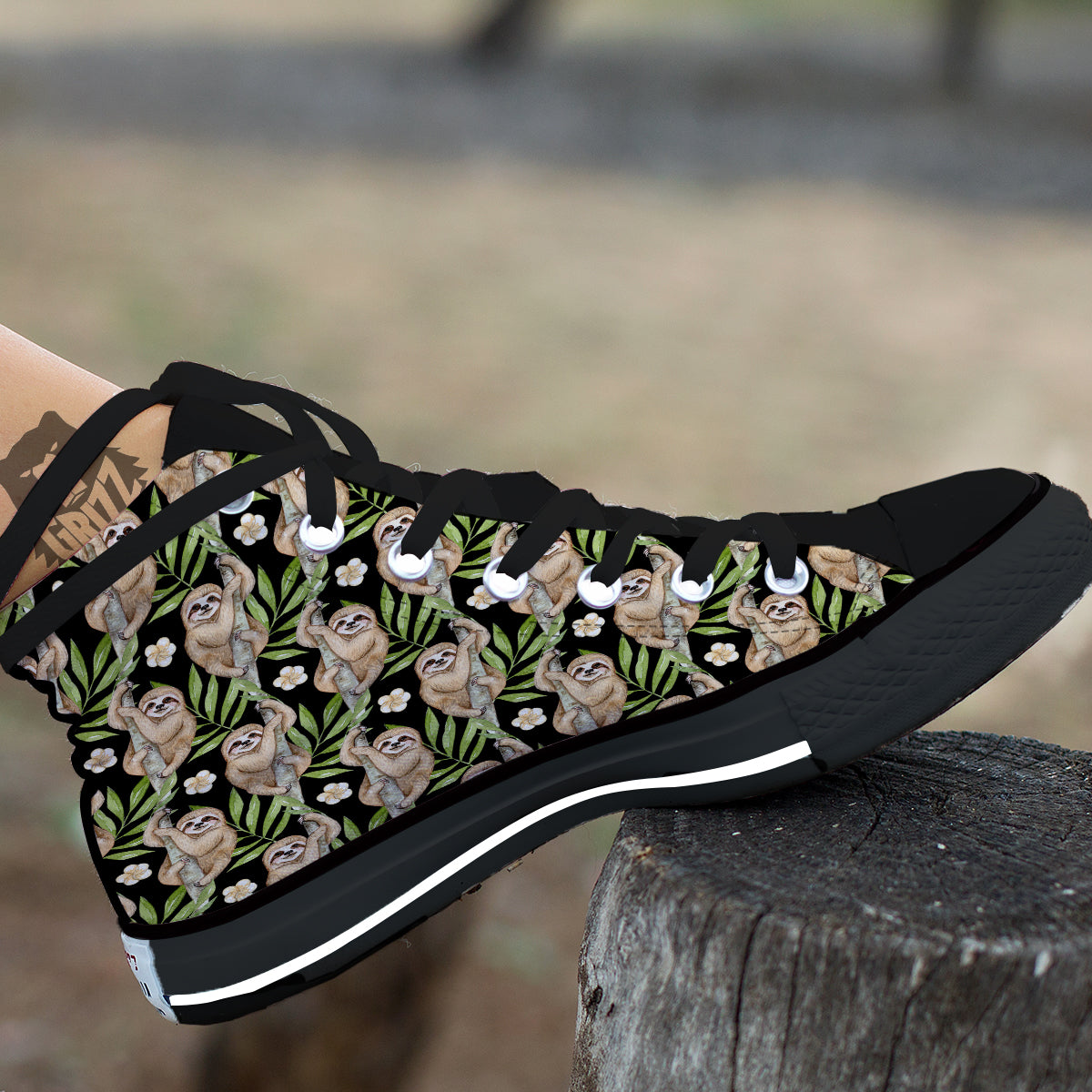 Sloth Watercolor Print Pattern Black High Top Shoes-grizzshop