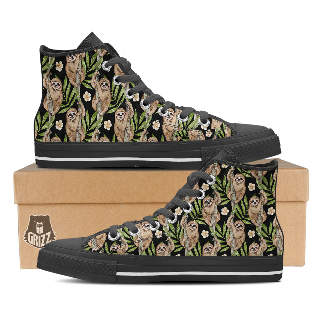 Sloth Watercolor Print Pattern Black High Top Shoes-grizzshop