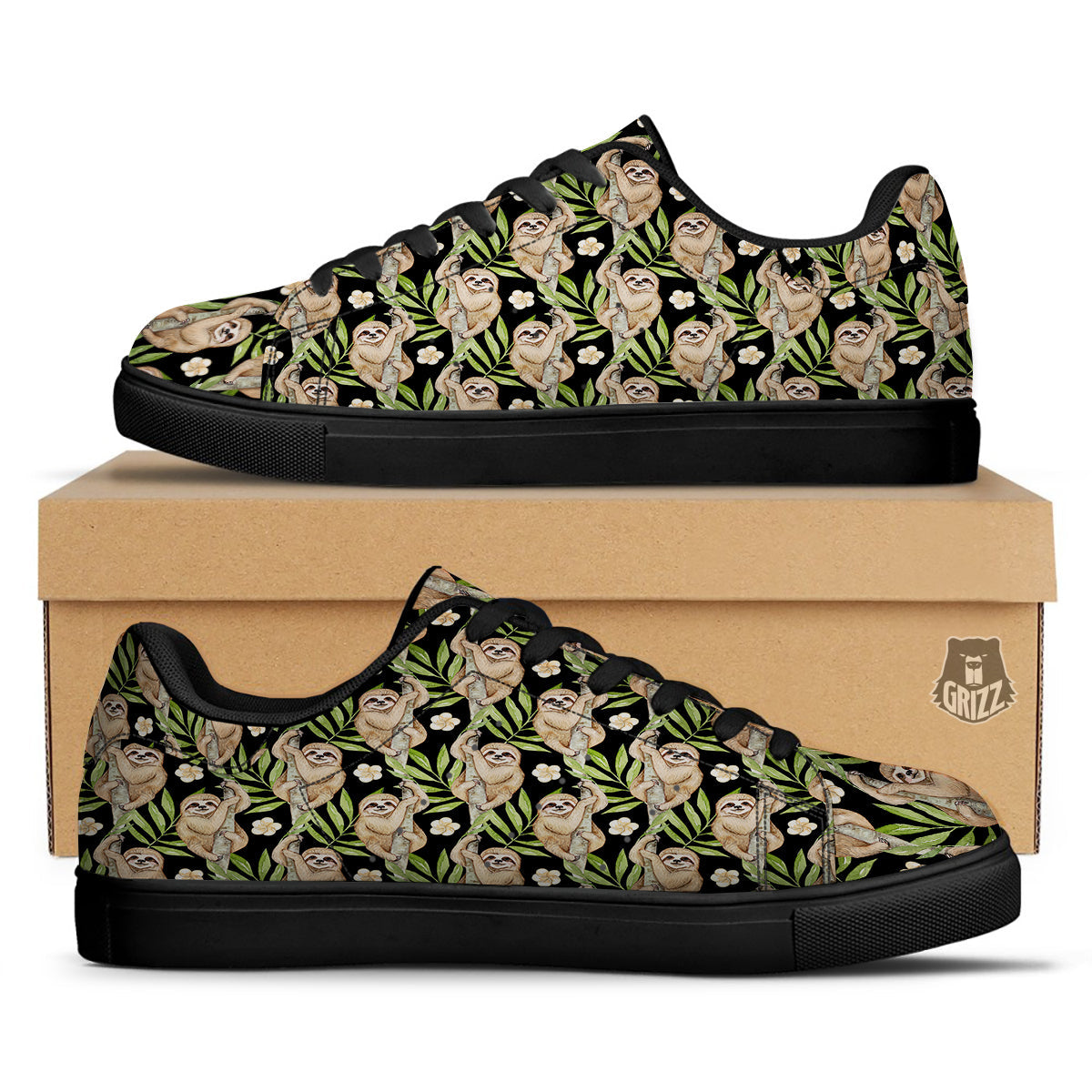 Sloth Watercolor Print Pattern Black Low Top Sneakers-grizzshop