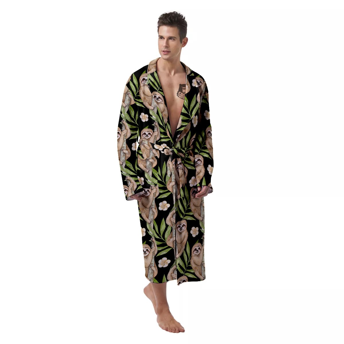 Sloth Watercolor Print Pattern Men's Robe-grizzshop