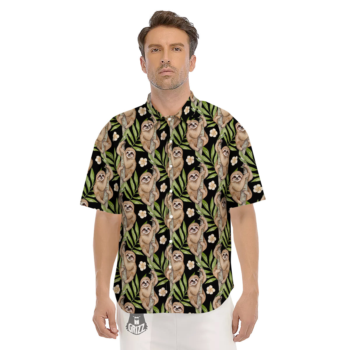 Sloth Watercolor Print Pattern Men's Short Sleeve Shirts-grizzshop