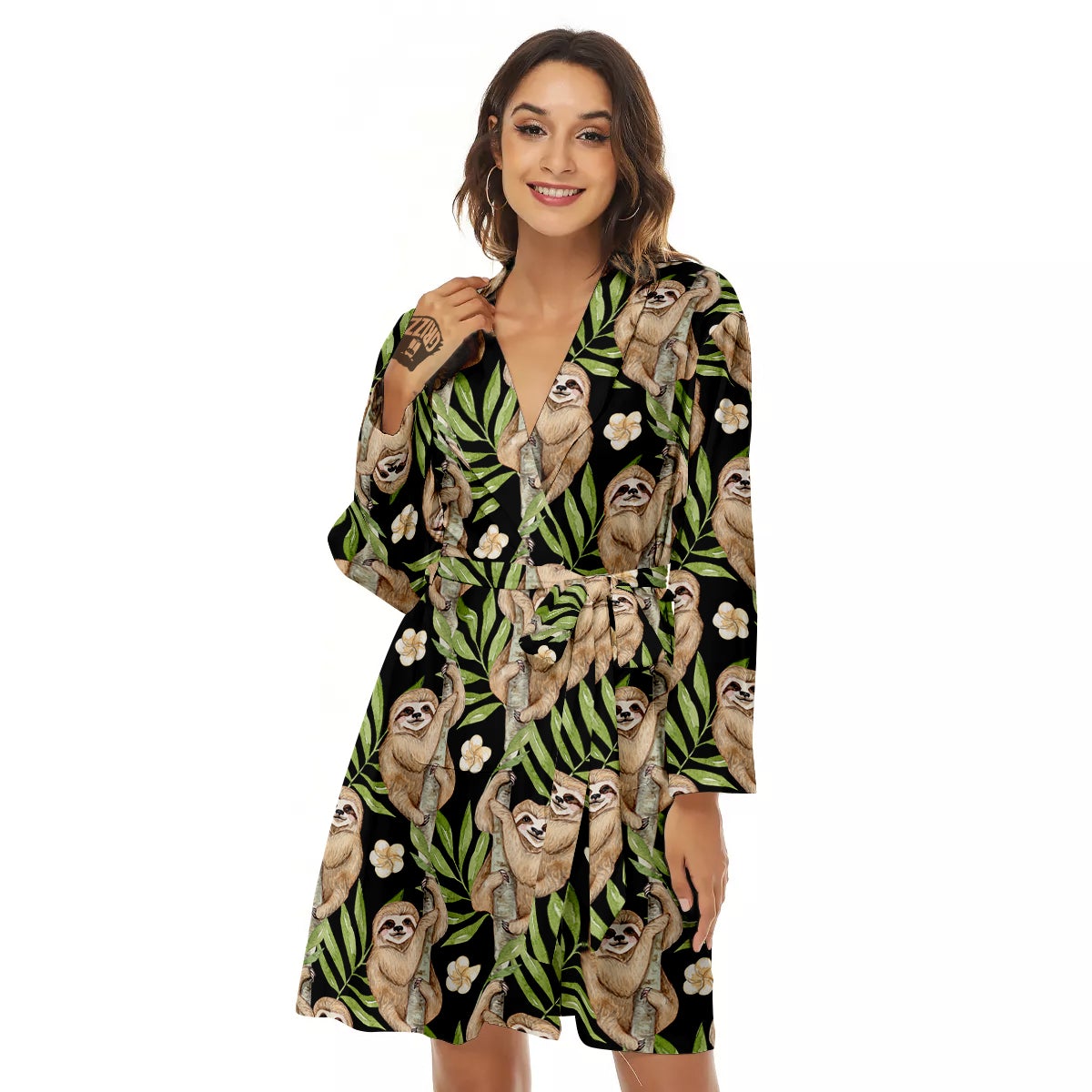 Sloth Watercolor Print Pattern Women's Robe-grizzshop