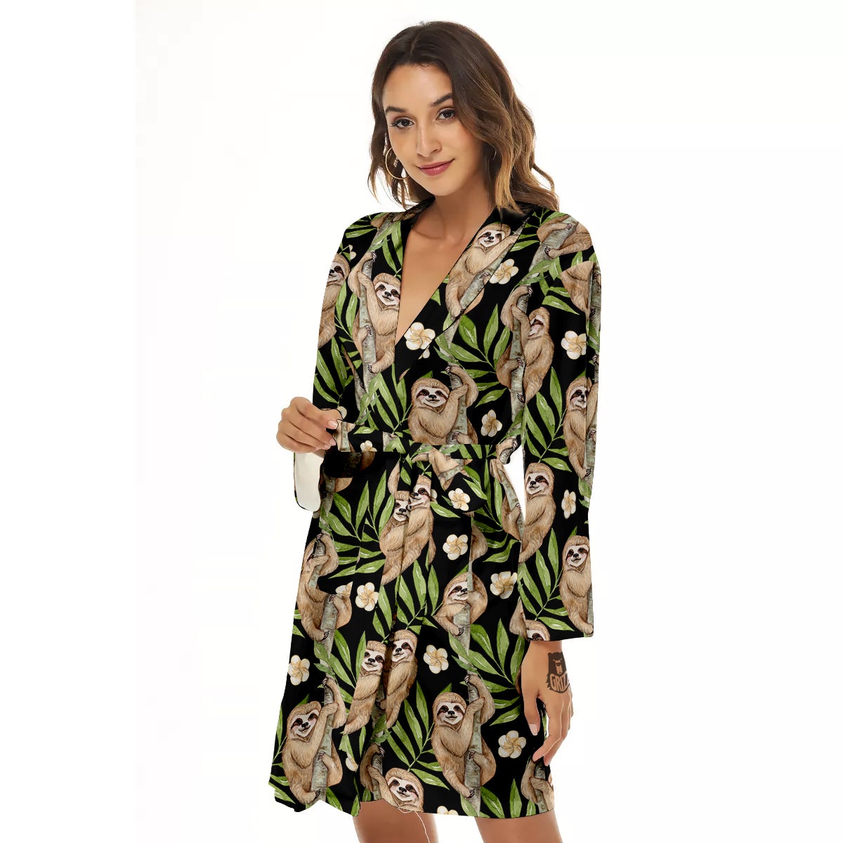 Sloth Watercolor Print Pattern Women's Robe-grizzshop
