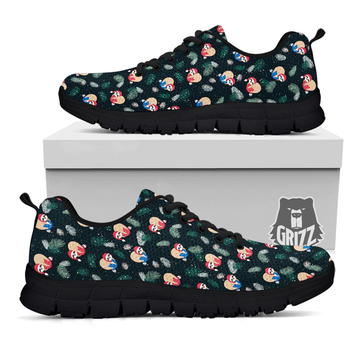 Sloths Sleeping Christmas Print Pattern Black Sneaker-grizzshop