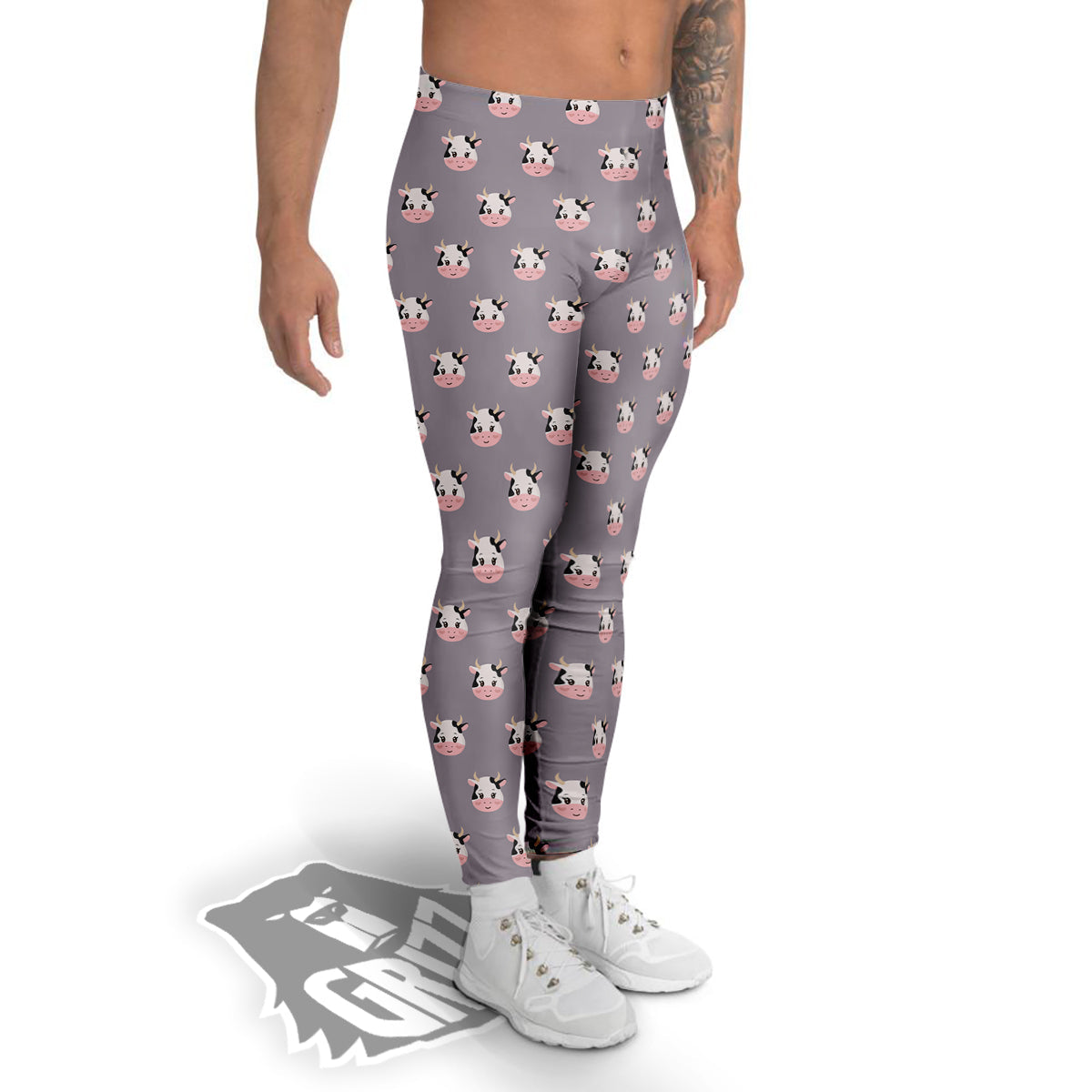 Smiley Cow Cartoon Print Pattern Men's Leggings-grizzshop