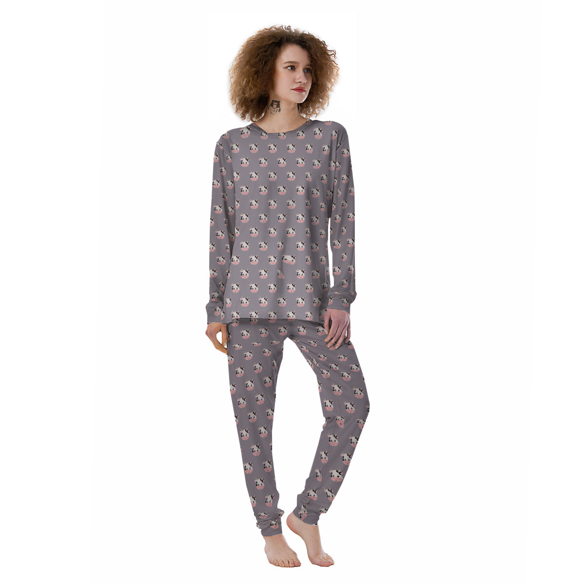 Smiley Cow Cartoon Print Pattern Women's Pajamas-grizzshop