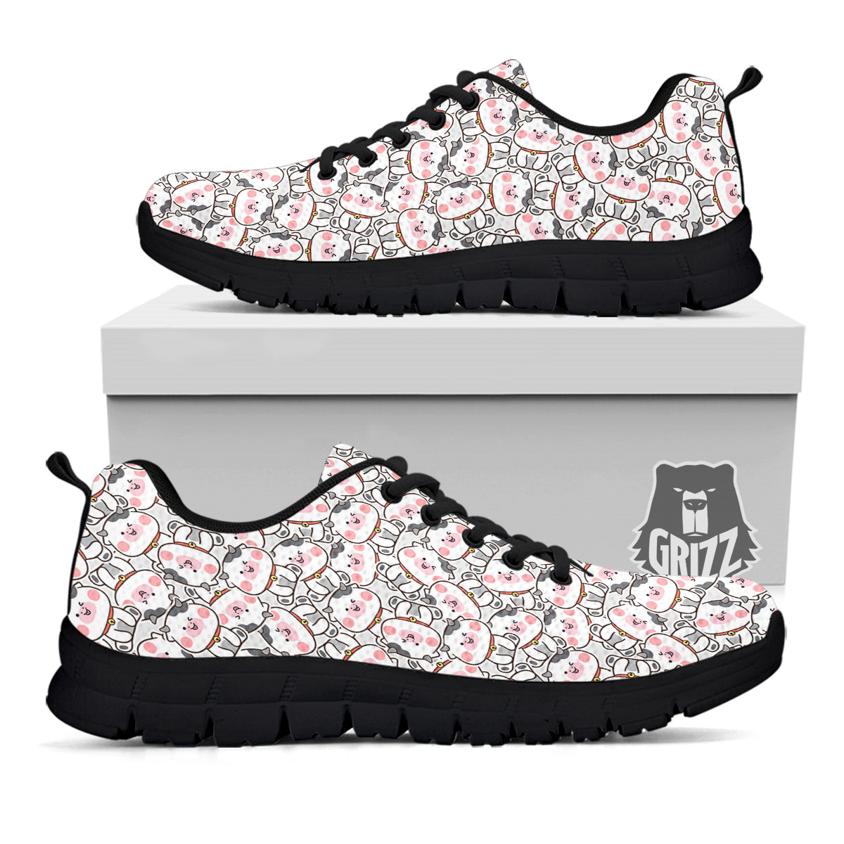 Smiley Cow Cute Print Pattern Black Sneaker-grizzshop