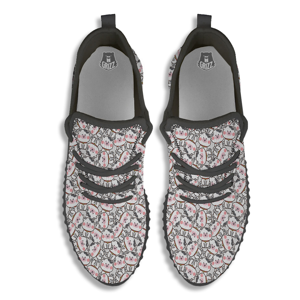 Smiley Cow Cute Print Pattern Black Walking Shoes-grizzshop