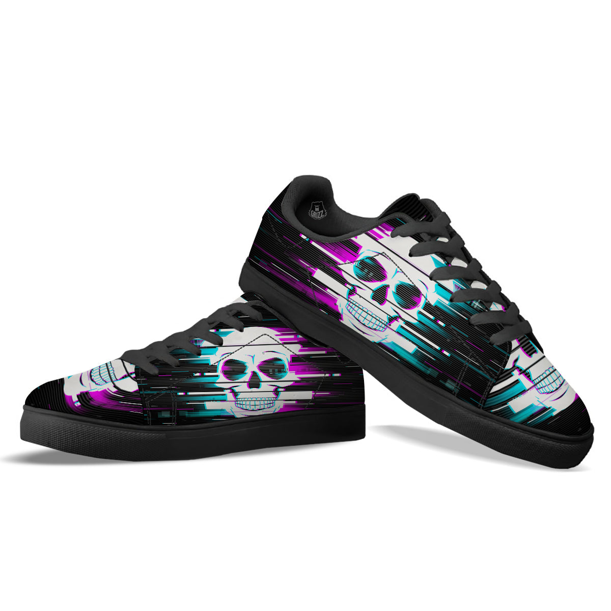Smiling Skull Glitch Print Black Low Top Sneakers-grizzshop