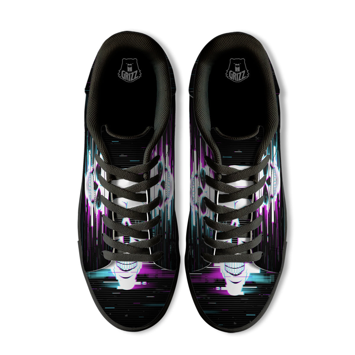 Smiling Skull Glitch Print Black Low Top Sneakers-grizzshop