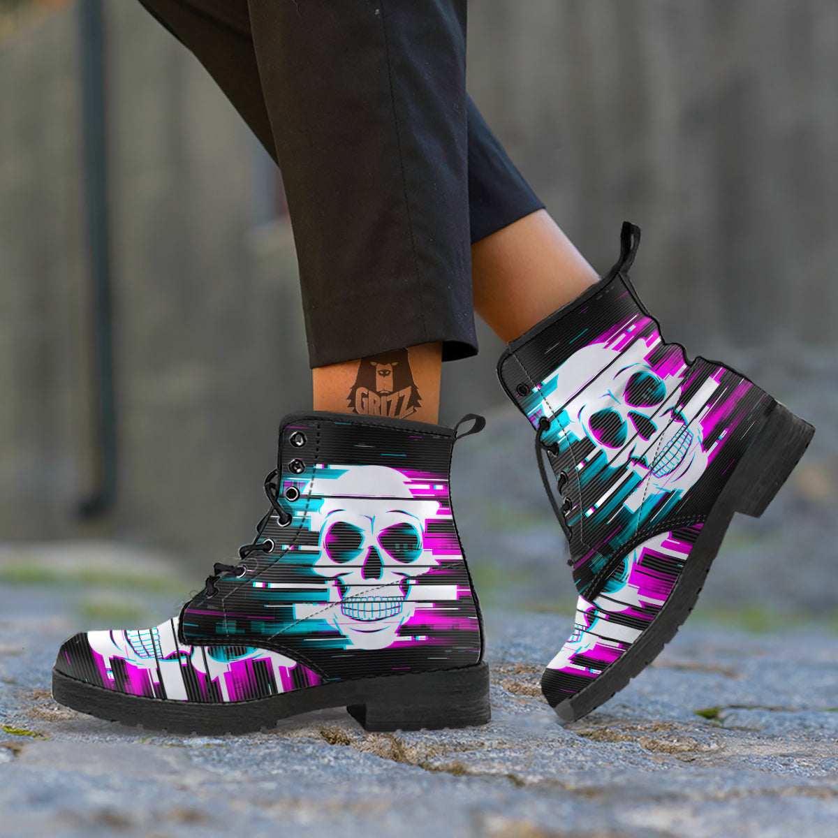 Smiling Skull Glitch Print Leather Boots-grizzshop
