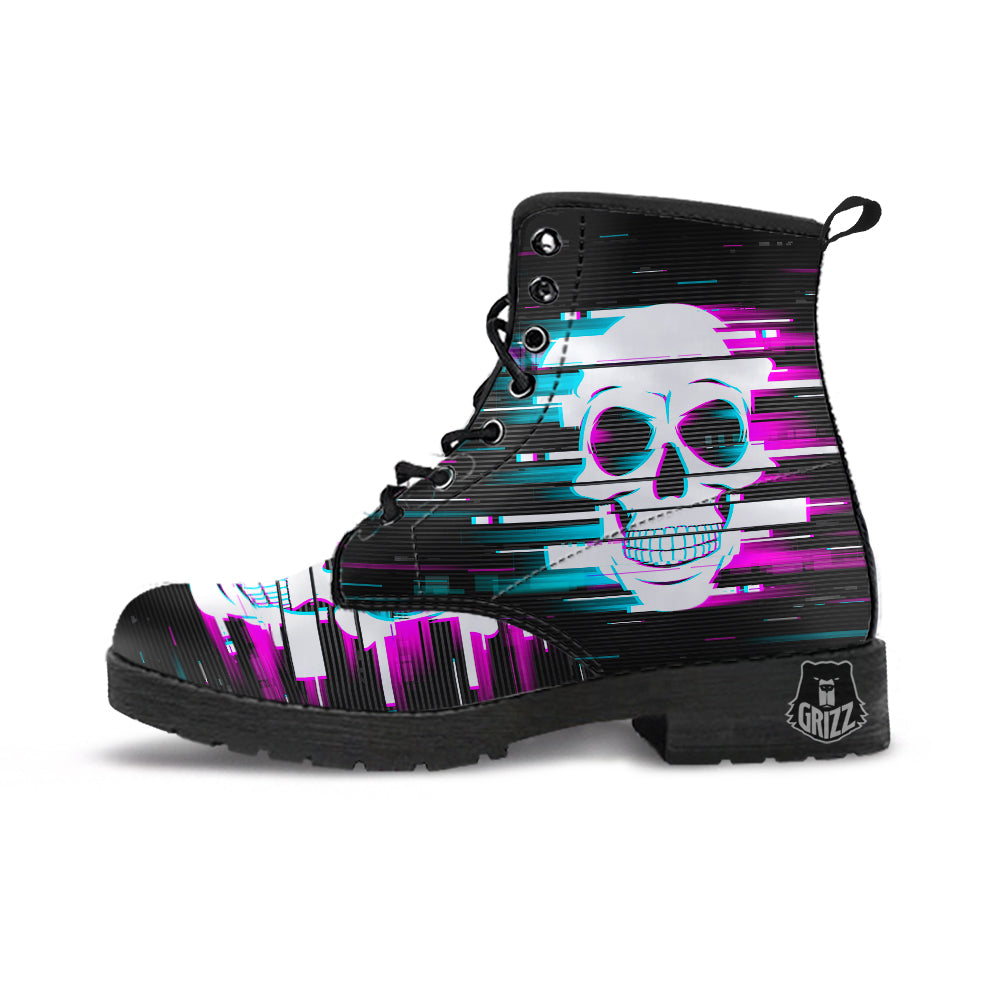Smiling Skull Glitch Print Leather Boots-grizzshop