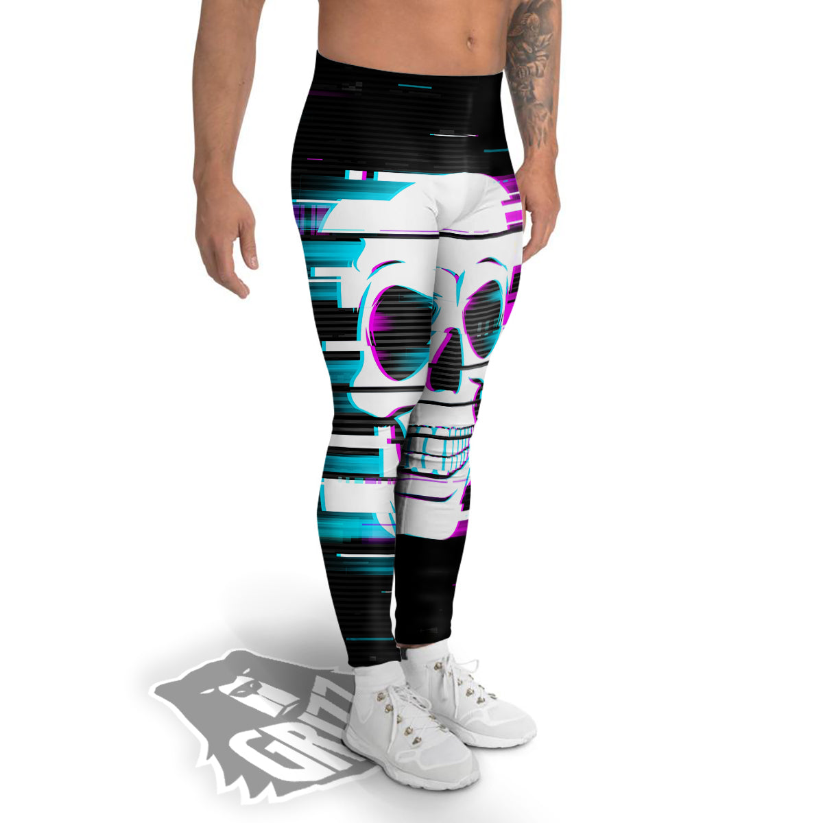 Smiling Skull Glitch Print Men's Leggings-grizzshop