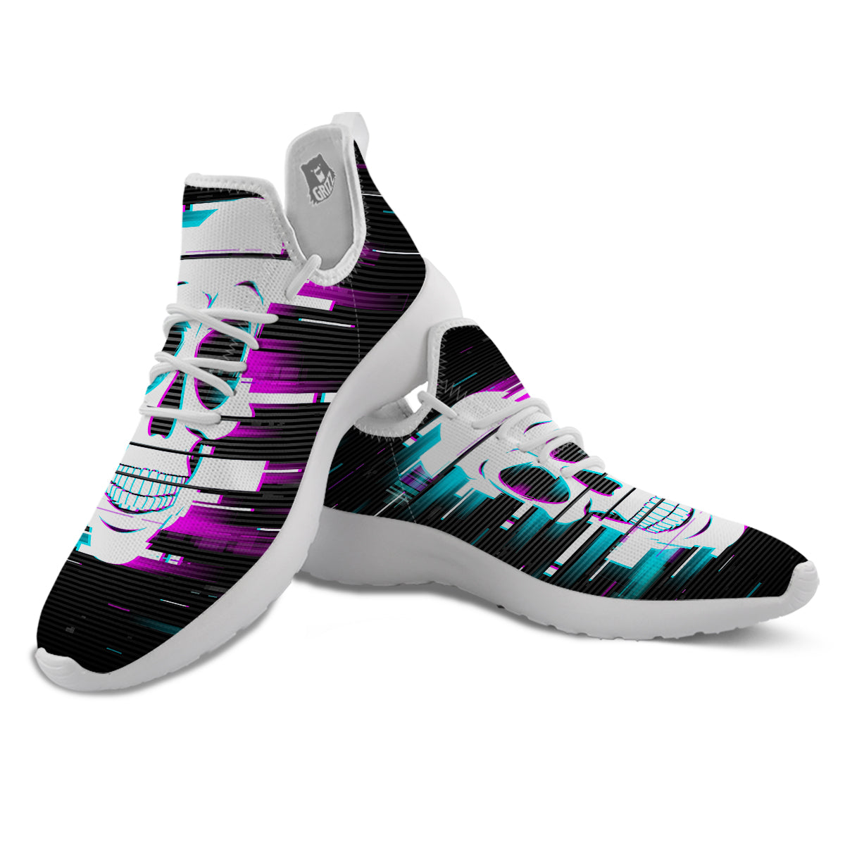 Smiling Skull Glitch Print White Athletic Shoes-grizzshop