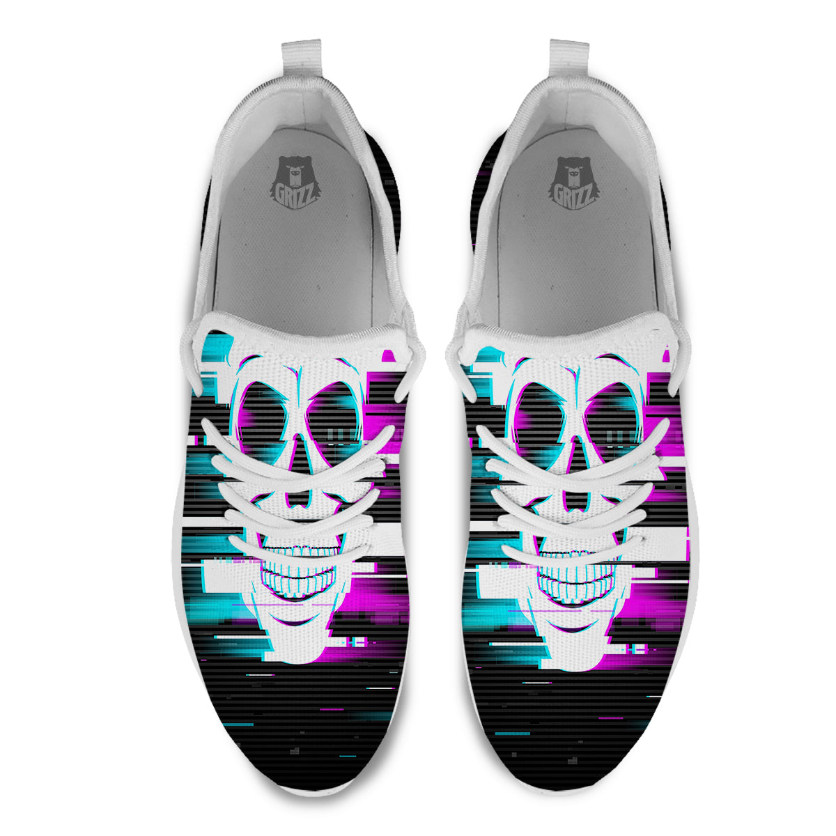 Smiling Skull Glitch Print White Athletic Shoes-grizzshop