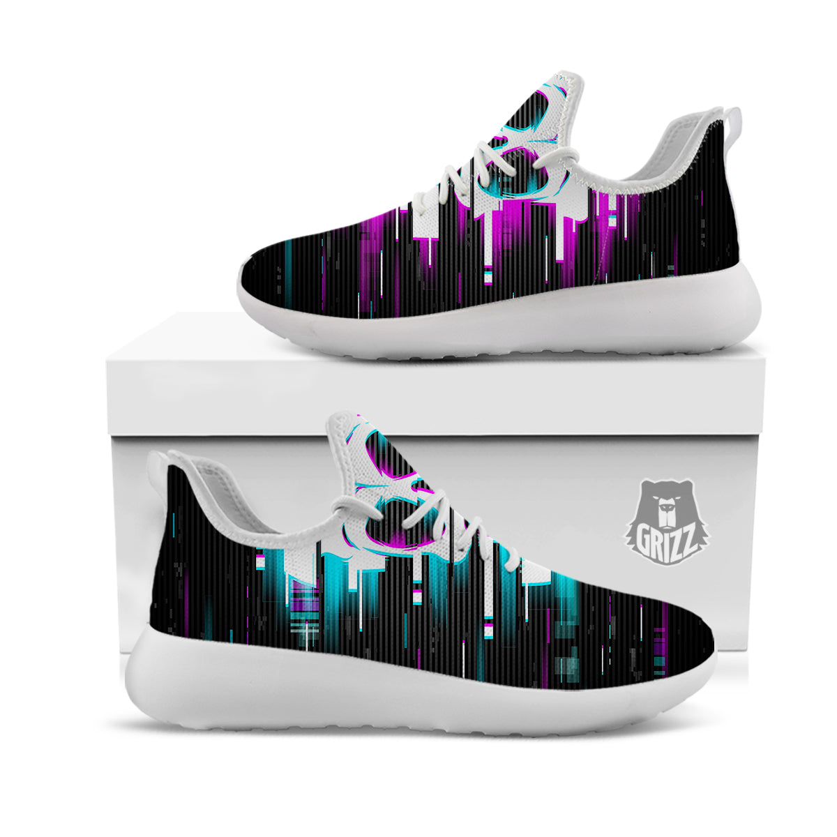 Smiling Skull Glitch Print White Athletic Shoes-grizzshop